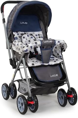 LuvLap Sunshine Baby Stroller/Pram for 0 to 3 Years, New Born/Toddler/Kid, 5 Point Safety Harness, Adjustable backrest, 360° Swivel Wheel, Large Storage Basket, Reversible Handlebar(Navy Blue)
