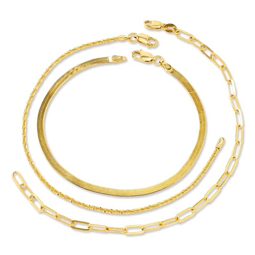 JTV Stackable Bracelets for Women – 18K Yellow Gold Over Sterling Silver – Herringbone, Paperclip & Crisscross Link Chains – Includes Elegant Gift (7.5