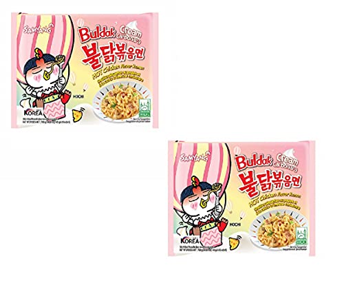 Samyang Buldak Cream Carbonara Hot Chiken Sabor Ramen Fideos salteados 140 g x 2 paquetes (paquete de 2) (importado)