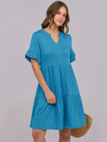 Image of ANRABESS Women's Summer Casual Dress, V-Neck Ruffle Sleeve Tiered Mini Dress, Soft Comfy Fabric with Pockets for All-Day Wear