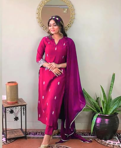 Image of Women Premium Collection Rayon Embroidered Straight Kurta Pant Dupatta Festive Ethnic Apparel Set