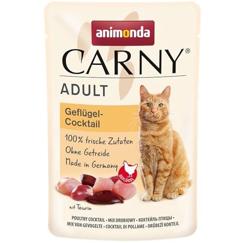 animonda Carny Katzenfutter nass Geflügel-Cocktail, 12 Portionsbeutel (12 x 85g), getreidefreies Katzen Nassfutter ohne Zucker, mit frischen fleischigen Zutaten