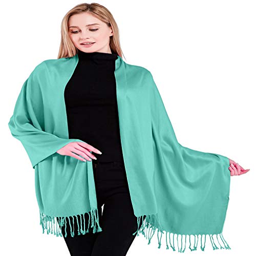 CJ Apparel Cyan Blue Green Solid Color Tassels Design Nepalese Shawl Seconds Scarf Wrap Stole Throw Head Wrap Pashmina Hand Made in Nepal New Pashmina New