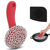 Cast Iron Scrubber with Long Handle | 316 Cast Iron Cleaner Chainmail Scrubber for Cast Iron Pan Skillet Cleaner - Dish Scouring Pad Dishwasher Safe Cleaning Kit (Red, 1 Scrubber + 1 Scraper) -  TMEDW