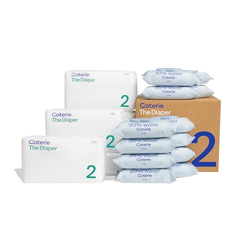 Image of Coterie Baby Wipes + Diapers Kit, Size 2 Diapers (186 Count) & 12 Pack (672 Count) Baby Wipes with 99% Water, Plant Based Materials, Hypoallergenic for Sensitive Skin
