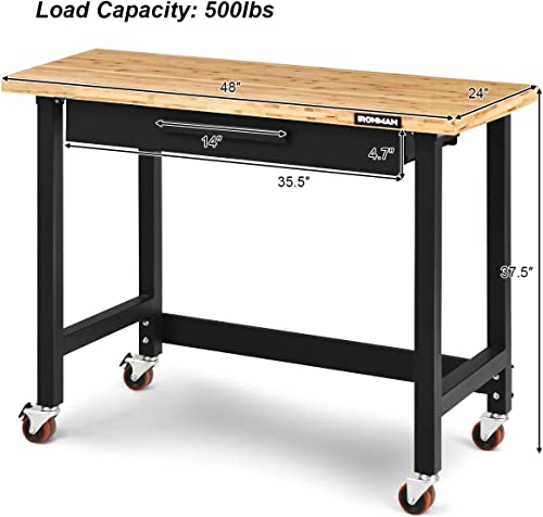 BOSEO Workbench, 48" Wild Mobile Workbench, Solid Wood Top Workbench for Garage, 500 LBS Workbench with Two Lockable Casters, Sliding Organizer Drawer