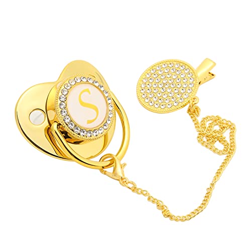 SUNGOOYUE Goldener Baby-Schnuller, 26 Buchstaben, gebogenes Design, Silikon-Bling-Baby-Schnuller mit Clips für 6 bis 18 Monate Baby S