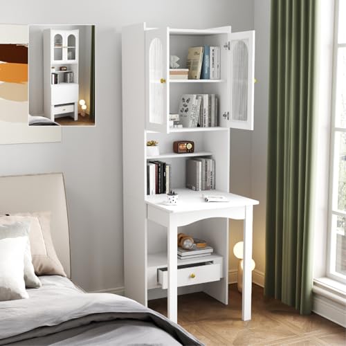 Clyrava White Folding Desk with Storage - Foldable Convertible Writing Table with Shelves, Fold Out Murphy Hideaway Desk with Drawers, Space Saving Computer Table Doors for Home Office Workstation