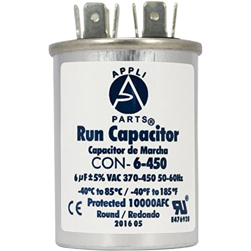 Appli Parts Run Capacitor for ac 6 Mfd uF (microfarads) 370 VAC or 450 VAC CBB65 Round Universal fit for hvac and other applications 2-1/2 in High 1-1/2 in Wide CON-6-450