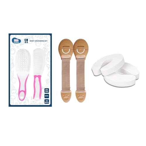 Image of Chipmunks Baby Proofing Finger Pinch Door Guard for Kids Safety, Made in India, Door Stopper Guard for Accidental Door Lock & Slamming for Child, Babies & Pet Safety (Multi, 2 Lock Beige+2 Door Stopper+1 Grooming Kit Pink)