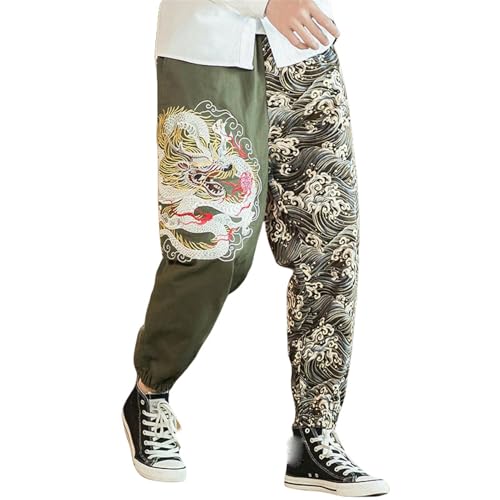 Pantalon large homme brodé dragon résolvant le manque de confort