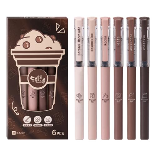 6 本 コーヒーをテーマにしたペン 、黒の速乾性液体インクペン、0.5mm 細字、面白いニードルチップ セット、滑らかな書き心地、男の子、女の子向けのポータブルで美しい文房具