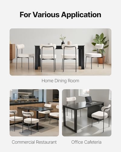 Image of VEVOR Boucle Dining Chairs Set of 2, Mid Century Modern Sherpa Accent Chairs, Upholstered Side Chair for Dining Room, Space-Saving White Kitchen Chair with Curved Backrest and Black Metal Legs