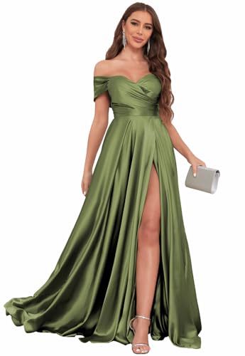 Image of SOLODISH Off The Shoulder Satin Prom Dresses for Women Long Formal Evening Party Dress with Slit