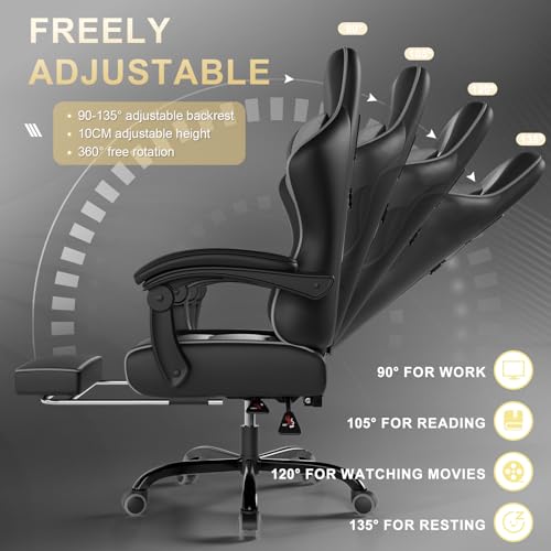 TRIUMPHKEY Gaming Chair for Adults with Footrest, Ergonomic Computer Chair with Massage Lumbar Support, Reclining Backrest, Swivel Office Gamer Chair with Headrest (Grey) - Image 5