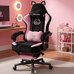 GTPOFFICE Gaming Chair Cute with Cat Ears, Ergonomic Computer Chair with Footrest Cat Paw Lumbar Support Comfortable Reclining Game Chair Desk Chair for Adult,Teens，Soft Velvet Fabric，Pink Black