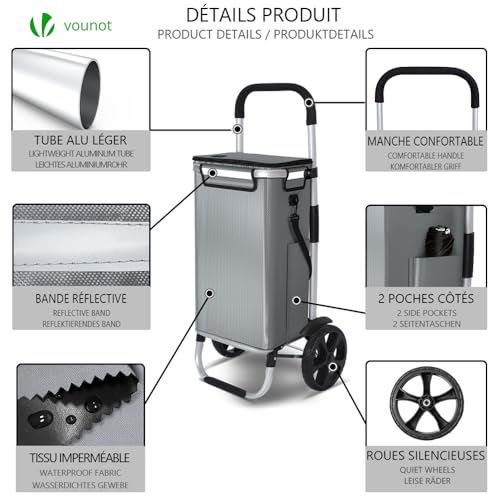 VOUNOT Einkaufstrolley Klappbar aus Aluminium mit 50L Wasserdichter Tasche und Kühlfach, 2 Extra große Räder mit Schutzblech, Faltbarer Einkaufswagen, Treppensteiger Trolley, Grau – Bild 3