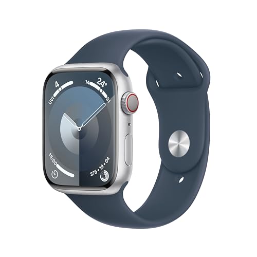 Apple Watch Series 9 (GPS + Cellular, 45 mm) Smartwatch mit Aluminiumgehäuse in Silber und Sportarmband M/L in Sturmblau. Fitnesstracker, Blutsauerstoff und EKG Apps, Always-On Retina Display