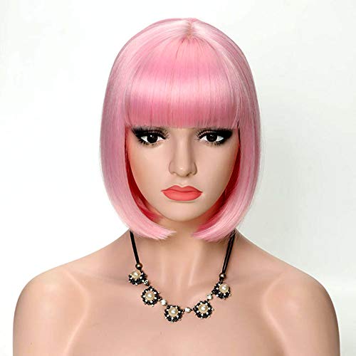 COSYMAY Synthetic Pink Wig for Women Short Bob Wig with Bangs 12 inch Cosplay Wig Glueless Heat Resistant Full Wig for Costume Halloween Party