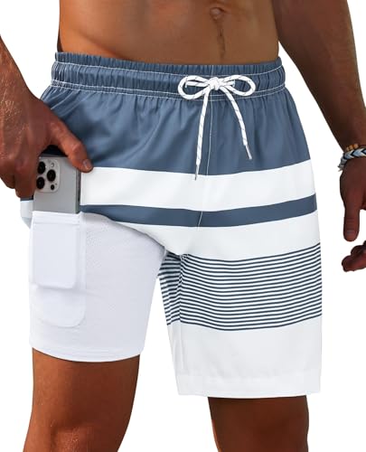 Image of Gleeease 7inch Mens Swim Trunks 2 in 1 with Compression Liner Pockets Drawstring Quick Dry Stretch Lined Funny Beach Pool