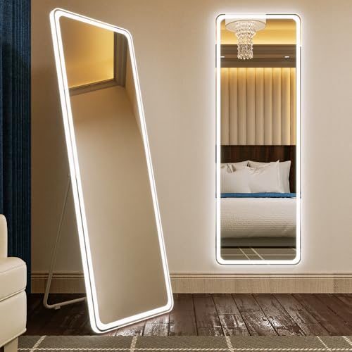 KWW LED Full Length Mirror with Lights Standing,Tall Full Body Dimmable Dressing Floor/Wall Mounted Vanity Makeup Mirror with 3 Color Modes for Bedroom Cloak Room (55 x 160 cm)