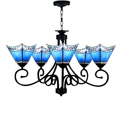 Litfad Blue Stained Glass Wrought Irontiffany Style 5-Lights Chandelier With Uplight 26.7" W Pendant Light Highlightsfor Living Room Bedroom Hotel Restaurant #TOP6