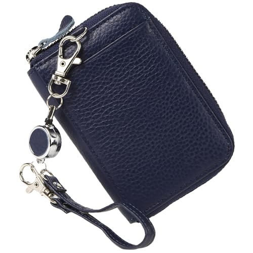 Shoebill Minimalist Zipper Leather Wallets Credit Card Holder Card Cases with ID Window and Retractable Keychain for Men Women (Navy)