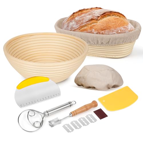 Conjunto de 2 banetões para pão, Banneton 25 cm oval 23 cm redondo com forro de linho raspador de metal raspador de plástico batedora de massa faca de padeiro