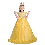 WOCINL Flower Girls Lace Appliques Wedding Dress Princess First Communion Long Tulle Birthday Pageant Party Dance Ball Gown Yellow 11-12 Years