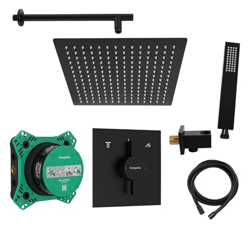 vanvilla Duschsystem mit Unterputz Duscharmatur von Hansgrohe Duo Turn E und vanvilla Regendusche mit Armatur, Duschkopf eckig, Dusch-SET HGS201 schwarz matt