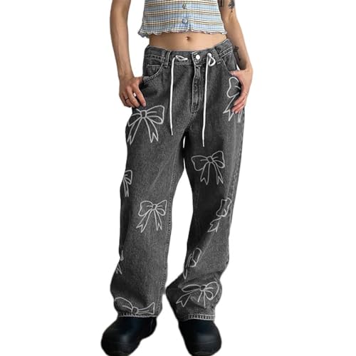 Women's Butterfly Print Y2K Fashion Mid Waist Denim Pants Boyfriend Jeans Loose Fit Vintage Jeans for Teen Girls