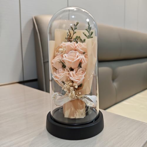 Bouquet de fleurs artificielles préservées dôme transparent LED Noël - 6