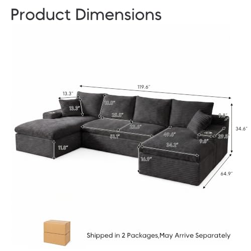 Image of 120 inch Modular Sectional Sofa, U-Shape Boneless Couch, Black