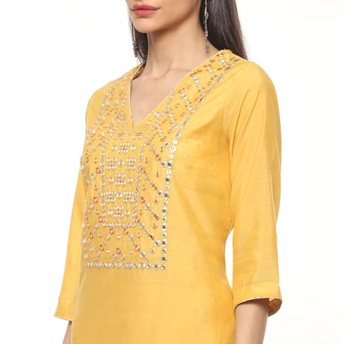 Image of BIBA Women Cotton Straight Embroidered Suit Set