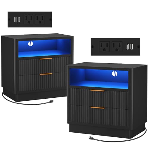 ELYKEN 24″ Fluted Nightstands Set of 2, LED Night Stand with Charging Station, 2 Pack Bedside Table End Table with 2 Drawers and Shelf for Bedroom Living Room, Black