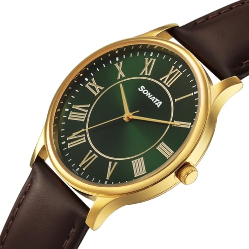 Image of Sonata Traditional Essentials Quartz Green Round Dial Men's Watch | Analog Watch | Watches for Men Analog - 77105YL04W