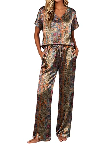 Ekouaer Silk Pajamas for Women 2 Piece Satin Pjs Cap Short Sleeve Sleepwear V Neck Shirt Long Pant Lounge Sets 01-MZ271 M