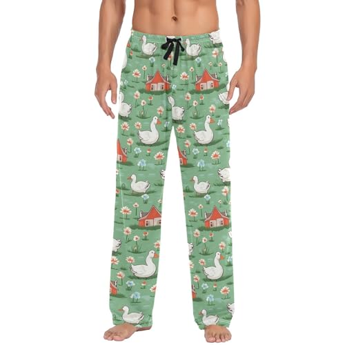 Men’s Cartoon Ducks Pajama Pants with Pockets, Comfortable Lounge Sleep Bottoms#75