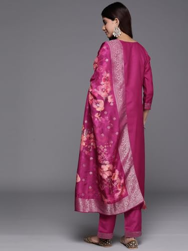 Image of Libas Women's Woven Design Silk Blend Straight Kurta With Palazzos & Dupatta