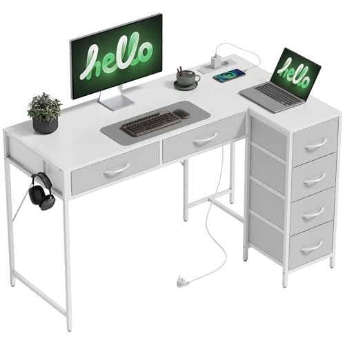 HOMCOM Escritorio Esquinero Reversible con 6 Cajones de Tela, 126x48 cm, Escritorio en L con Toma de Corriente, Puerto de Carga USB y USB-C, Mesa en L para Oficina en Casa, Estudio, Blanco