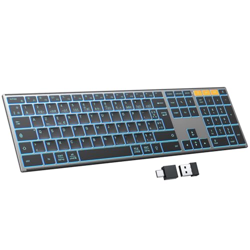 OMOTON Clavier sans Fil Métal, Bluetooth 2.4G Rétroéclairé Clavier, Rechargeable avec 2 Canaux Keyboard à Ciseaux AZERTY Français Ergonomique Silencieux pour...