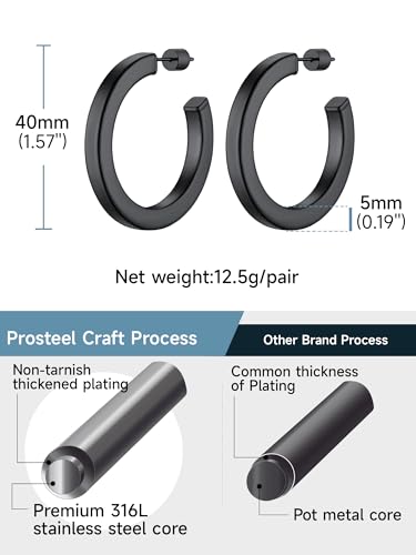 Image of Stainless Steel Chunky Hoop Earrings For Women, Minimalist and Chic, Black /Gold Plated, Round Hoops Earrings Hypoallergenic, Size: 30mm /40mm /60mm /80mm, Come with Box