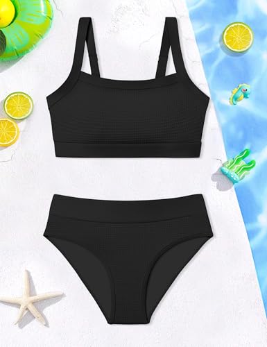 Image of Girls Swimsuit Solid Color Adjustable Straps Bikini Sets 8-16Y