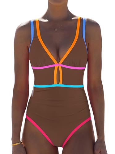 Image of popvil Women One Piece Swimsuit 2026 Tummy Control Sexy Cutout Neon Color Block Bathing Suit Slimming Adjustable Swimwear