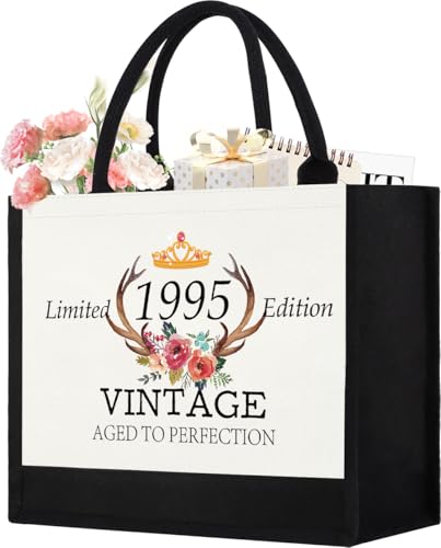 GevGuxLuo Sacola feminina de lona, presente de aniversário de 30 anos, presente de aniversário para mãe, esposa, tia, amigas e ela, bolsa de praia reutilizável de 1995, Preto e branco, One Size