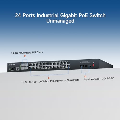 Image of 24 Port Industrial Gigabit PoE Switch Unmanaged, 24 x PoE+ @400w Ports & 4 x SFP Slots, Desktop or Rackmount, Working Range -40~185 ℉, IP40