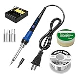 Soldering Iron Kit,80W LED Display Adjustable Temperature Soldering Iron Kit with Automatic Sleep Mode, Includes 5 Tips, Solder Wire, Stand, Flux - Professional Blue Welding Tool for Repair and DIY