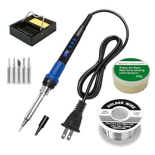 Soldering Iron Kit,80W LED Display Adjustable Temperature Soldering Iron Kit with Automatic Sleep Mode, Includes 5 Tips, Solder Wire, Stand, Flux - Professional Blue Welding Tool for Repair and DIY