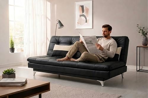 Image of FURNY Supersoft 3 Seater Leatherette Sofa Cum Bed with Ottoman (Black) Premium Finish with Extra 2 Cushions | Ideal for Living Rooms, Bedrooms, Offices
