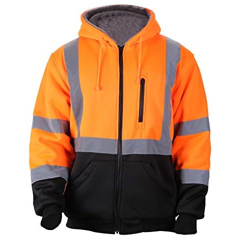 Men's ANSI Class 3 High Visibility Safety Hooded Wool Fleece Inner Sweatshirt Black Bottom Thermal (XL, Orange) Cover